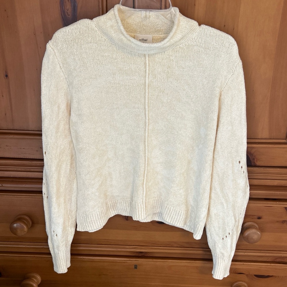 Aritzia WILFRED Sweater Womens M Cream Pullover Mock Neck Soft Chenille Cutouts